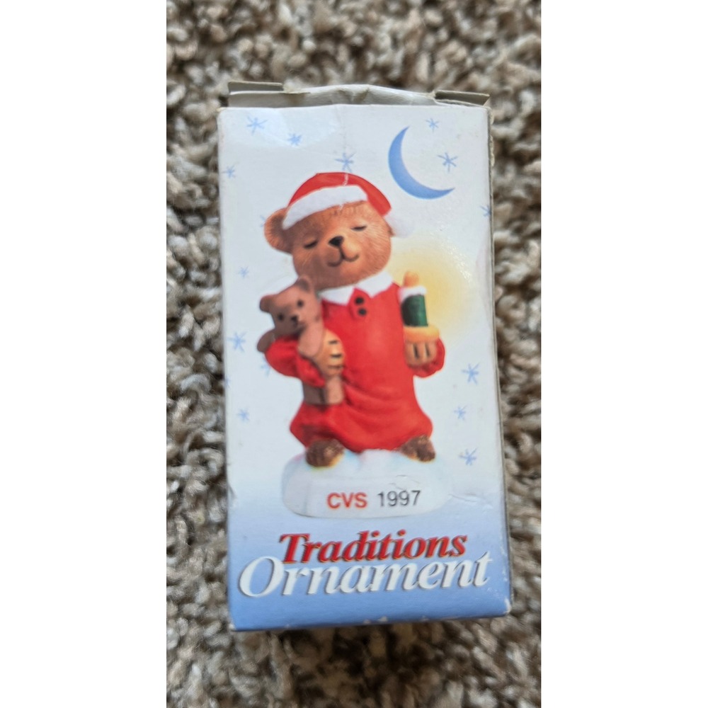 Vintage 1997 CVS Traditions Christmas Ornament Teddy Bear‎ in Red Nightgown Box
